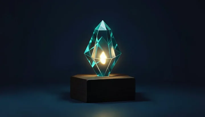 Uma escultura de cristal geométrico azul-petróleo brilhante sobre um pedestal de madeira contra um fundo de estúdio em azul-marinho escuro.