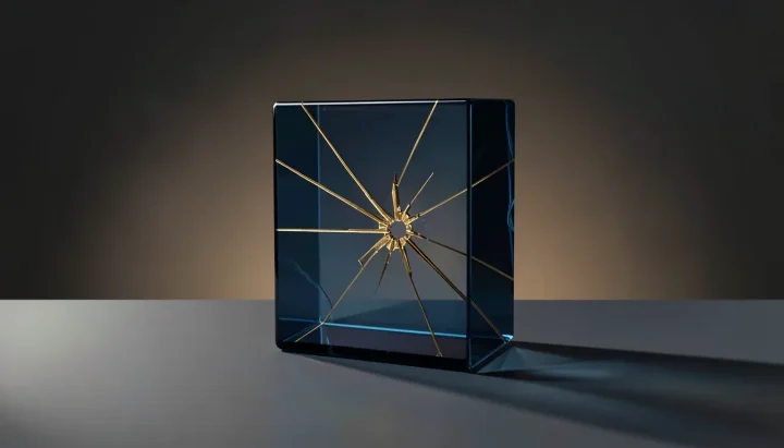 Un bloque central de vidrio transparente azul oscuro con una fractura dorada en su interior sobre una superficie de pizarra.