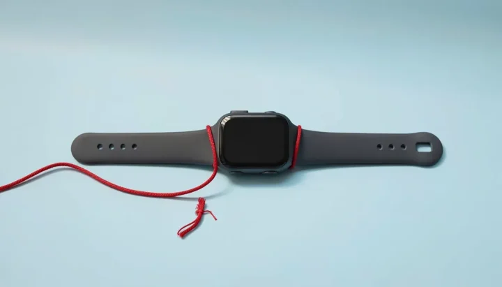 Eine dunkelgraue Smartwatch liegt auf einer pastellblauen Oberfläche, wobei ein einzelner, durchtrennter roter Faden um das Gehäuse gewickelt ist, der getrennte Sicherheitsdienste symbolisiert.