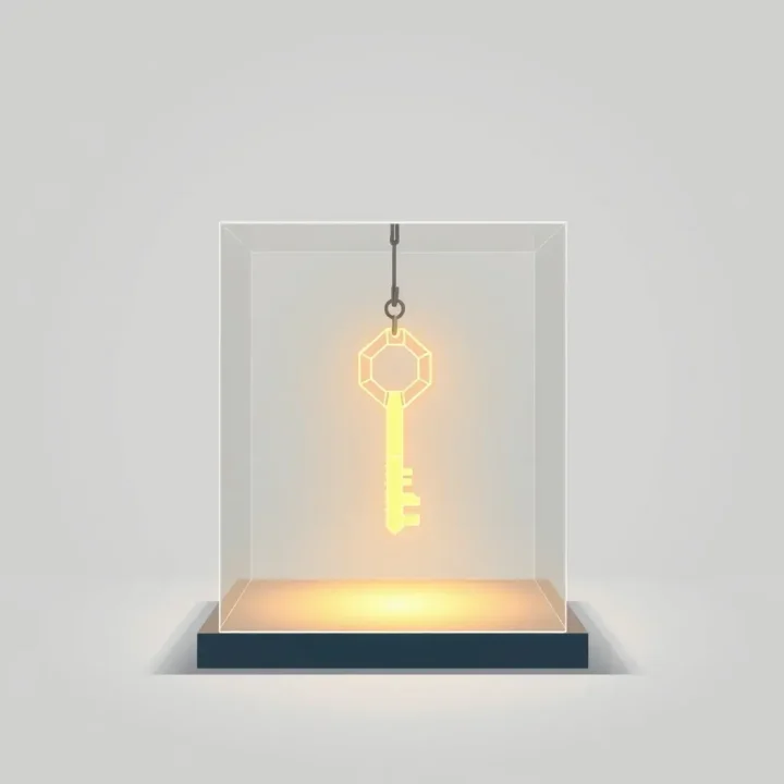 Una llave geométrica brillante suspendida dentro de un cubo de cristal transparente sobre un fondo gris claro minimalista.