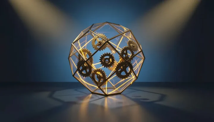 Una ilustración editorial decorativa que muestra una compleja esfera de cristal resplandeciente con engranajes de latón e hilos de ámbar sobre un escritorio oscuro bajo iluminación azul suave y dorada.
