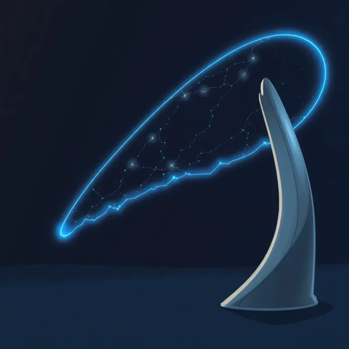 Un manche de commande d'avion à réaction en argent polie fait face à une carte stellaire lumineuse bleue dans une salle d'archives spatiales à l'ambiance feutrée.