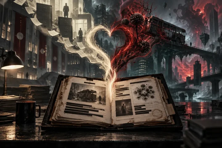 An open case file in a warped government archive sends two streams of light toward a surreal city threatened by abstract corrupted forms.