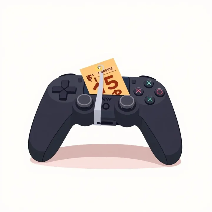 A minimalist editorial illustration of a modern video game controller wrapped in a glowing price tag on a simple backdrop.