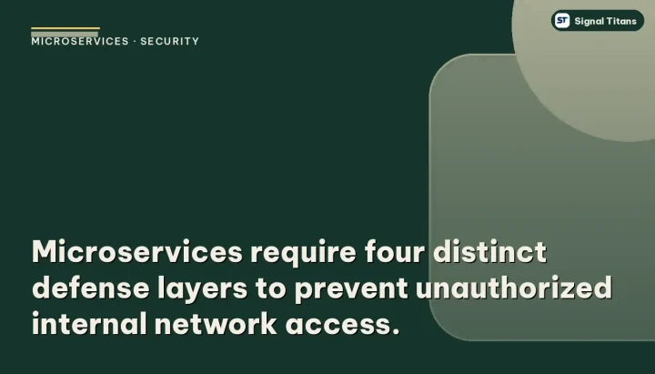 Microservices · Security: Microservices require four distinct defense layers to prevent unauthorized internal network access.