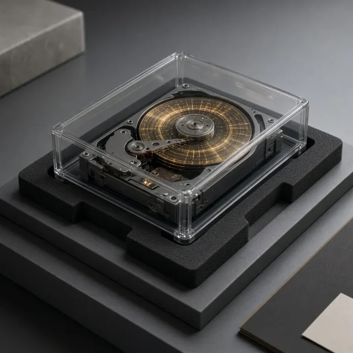 A vintage hard disk drive rests inside a clear museum enclosure, surrounded by archival foam and cool controlled light, with luminous data patterns visible within it.