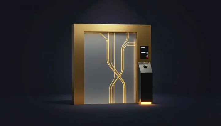 Redaktionelle Illustration eines zentralen Gateways aus Messing und Glas, das den Systemfluss steuert, neben einer Pfeiler-Steuerung aus Obsidian.