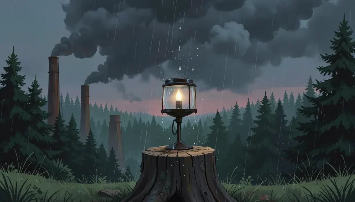 Un colector de lluvia de vidrio antiguo situado sobre un tocón de madera en un bosque, con nubes de tormenta desplazándose desde chimeneas industriales al fondo.