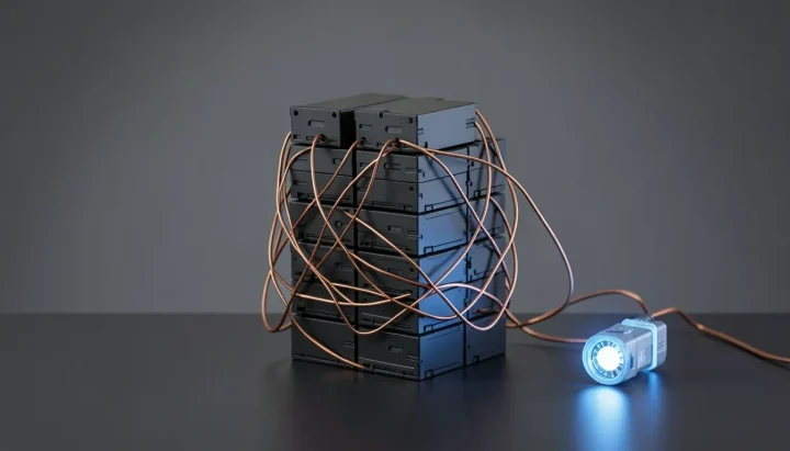 A cluster of small matte black media boxes wired together with thin copper cables on a dark surface with a glowing blue optical connector beside them.