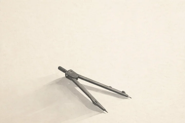 Uma representação artística e minimalista de um compasso de desenho mecânico apoiado sobre um pergaminho de cor creme texturizado, projetando uma sombra suave.