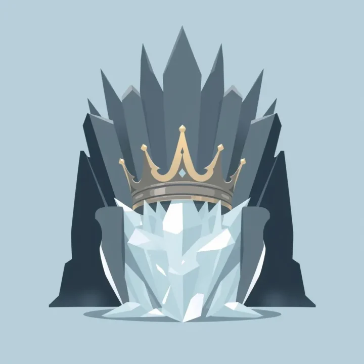A metallic crown resting on an ice throne against a dark blue and charcoal mist background.