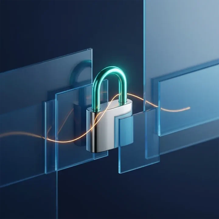 Un candado cromado central con un arco turquesa brillante entrecruzado entre paneles geométricos de vidrio azul translúcido, conectados por un fino hilo de luz ámbar sobre un fondo degradado azul marino.