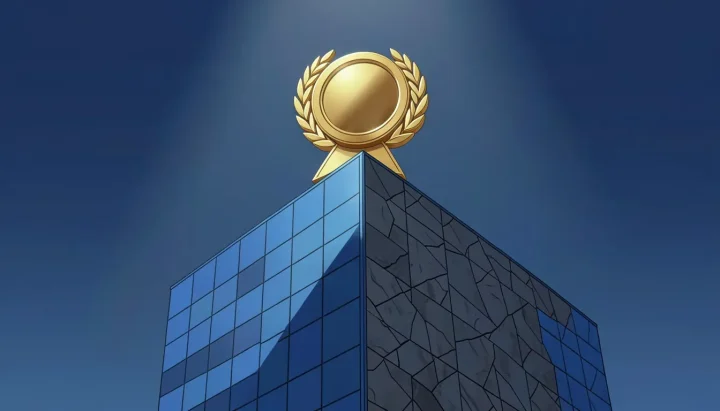 Ilustración editorial que muestra un gran medallón dorado de galardón apoyado en la parte superior de un rascacielos corporativo dividido.