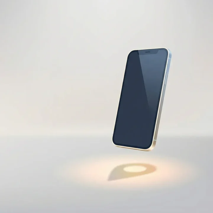 Une illustration vectorielle minimaliste d'un smartphone en lévitation au-dessus d'un pavé en pierre, projetant un repère de carte numérique lumineux.