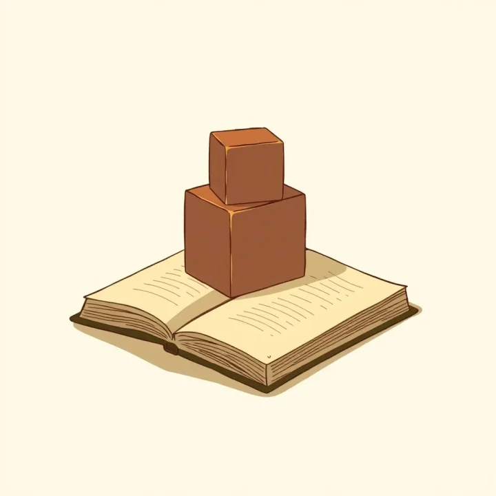 Un cube de jeu d'enfant en bois vintage posé sur un livre ouvert, éclairé par une lumière chaude et douce projetant une ombre sur un fond neutre.