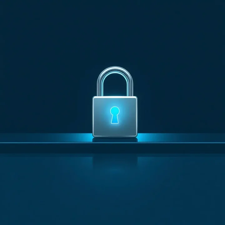 Digital padlock on a polished dark surface casting dual glowing silhouettes in a dark navy setting.