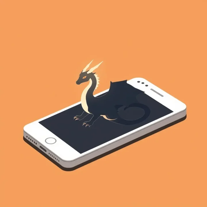 Ein modernes Smartphone auf einem dunklen Hintergrund, das eine leuchtende Silhouette eines gehörnten Drachen zeigt, der aus dem Bildschirm aufsteigt.