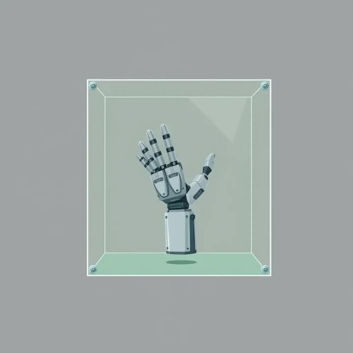 A metallic robotic hand held inside a transparent locked glass cube, representing external controls for AI agents.
