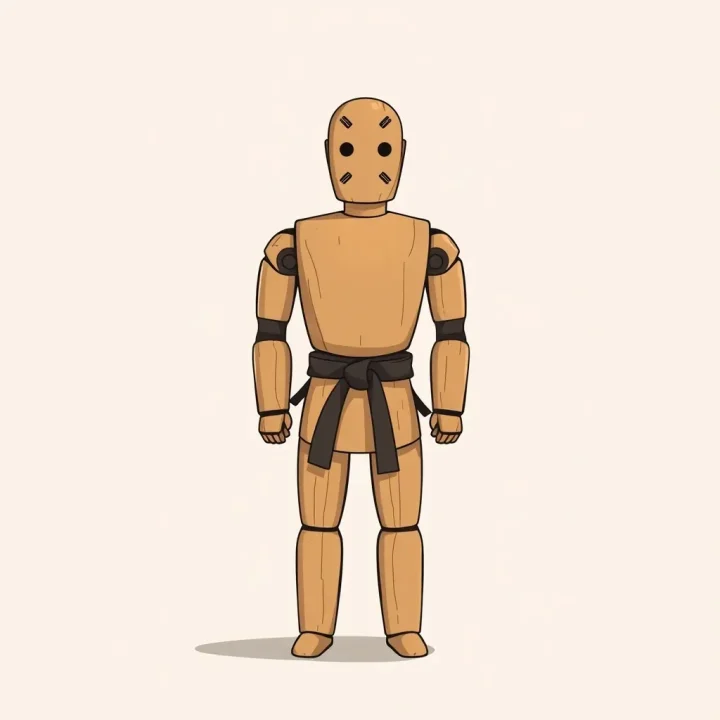 Illustration numérique minimaliste d'un mannequin d'entraînement de kung-fu en bois annoté d'indicateurs de balayage tactile.