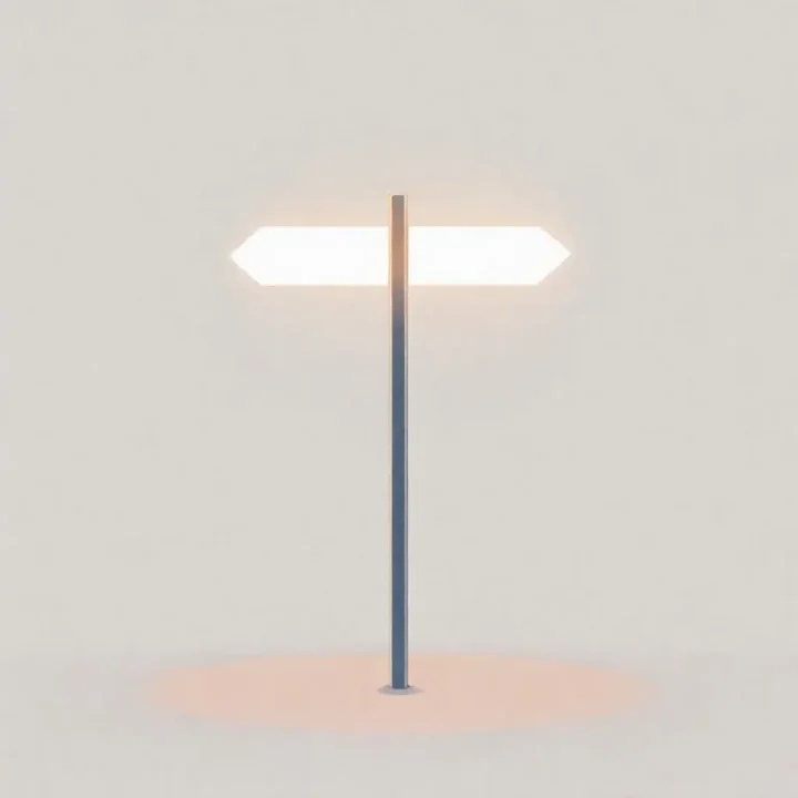 Un poste indicador brillante y minimalista que muestra dos caminos distintos sobre un fondo simple con degradado.