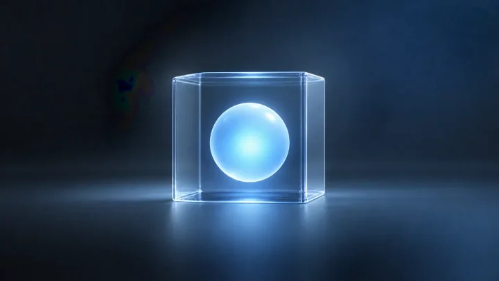 Abstract luminous AI agent enclosed by a transparent boundary, representing software controls designed to contain autonomous actions.