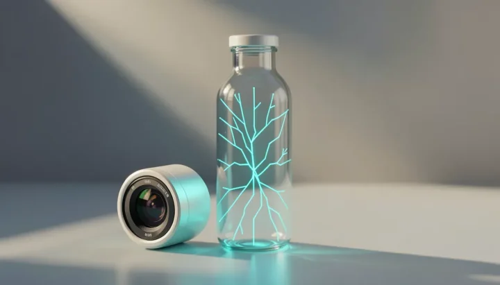 An editorial illustration featuring a glass vial with internal turquoise circuits sitting next to a camera lens on a slate grey and beige surface.