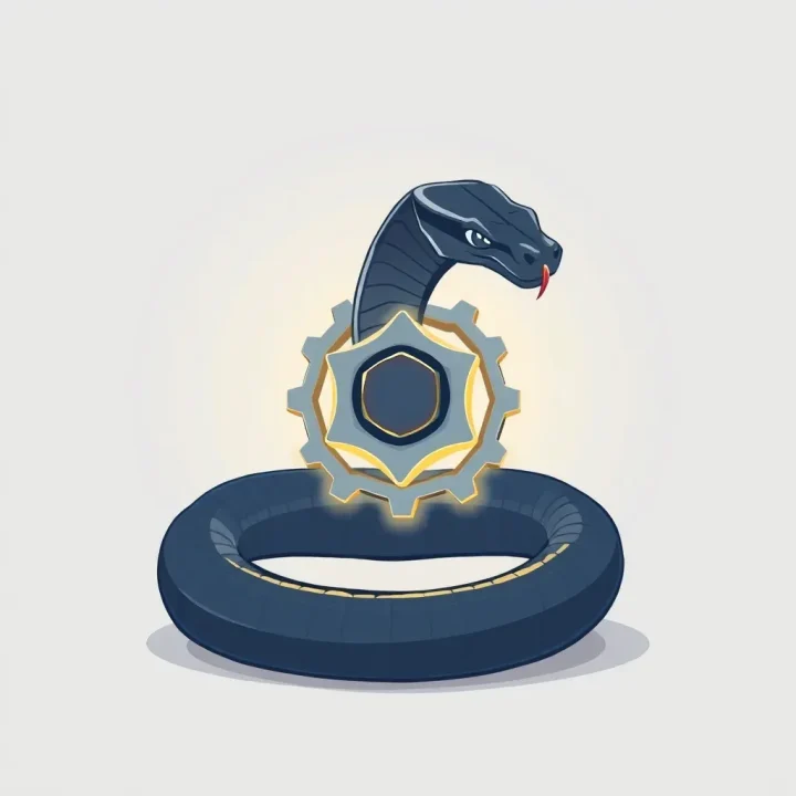 Ilustración minimalista de una serpiente metálica estilizada enroscada alrededor de un engranaje geométrico brillante sobre un fondo de tonos suaves.