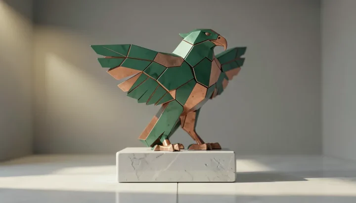 Eine stilisierte geometrische Adlerskulptur aus gebürstetem grünem Stahl und warmem Kupfer auf einem Steinpodest in einer minimalistischen grauen Halle.