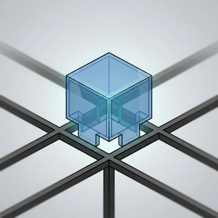 Eine minimalistische Vektorillustration eines durchscheinenden blauen geometrischen Moduls, das in ein Raster-Framework passt.