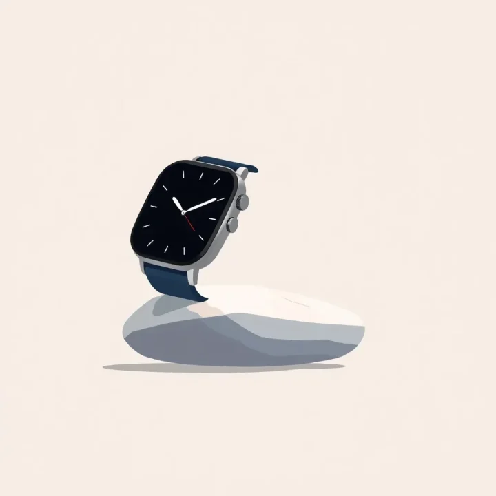 A modern smart watch sitting balanced on a smooth stone against a clean, minimal gradient background.