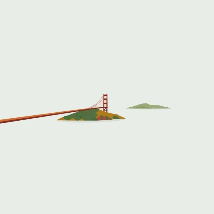 Ilustração editorial de uma ponte que se estende de fora do enquadramento até uma pequena ilha, com outra ilha ao longe.