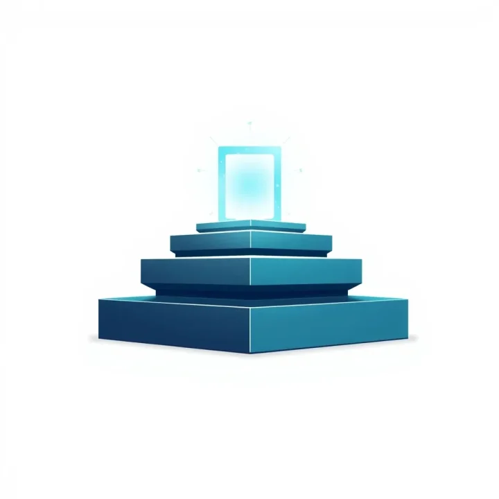 A minimal vector illustration featuring a central digital gateway floating above structured geometric blocks connected by a glowing thread.