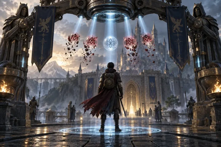 Fantasy game avatar at a castle checkpoint as a scanning beam dissolves inappropriate abstract name tokens while a mechanical moderation filter stands behind it.