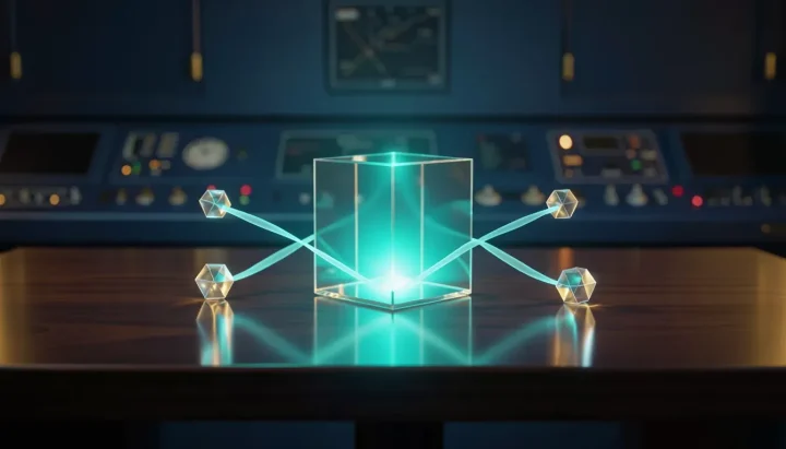 Ilustración editorial de un cubo de cristal iluminado sobre una mesa de nogal oscuro con nodos cian resplandecientes conectados por cintas de luz.
