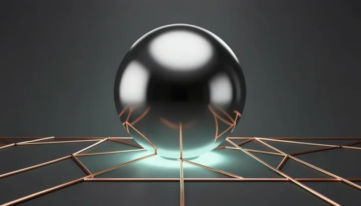 Uma grande esfera de tungstênio polido centralizada em uma superfície de carvão escuro, iluminada por um brilho turquesa suave e cercada por linhas geométricas de cobre.