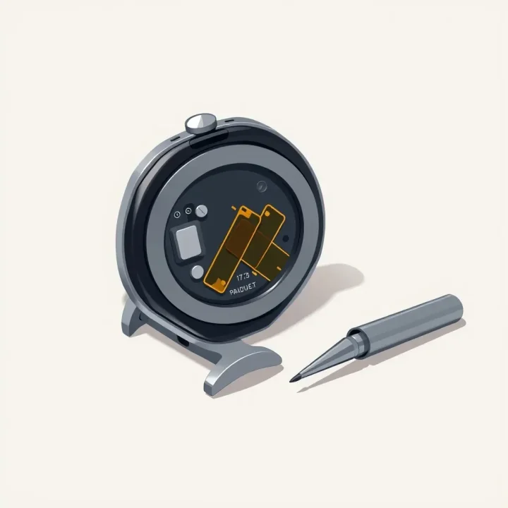 Editorial illustration showing an open smartwatch with delicate internal components and amber adhesive tape next to a precision screwdriver on a neutral surface.