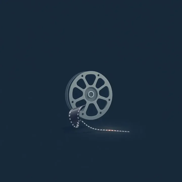 Eine Filmrolle aus Metall auf einem dunklen Hintergrund, deren sich abwickelnder Filmstreifen in einen Lichtstrahl übergeht.