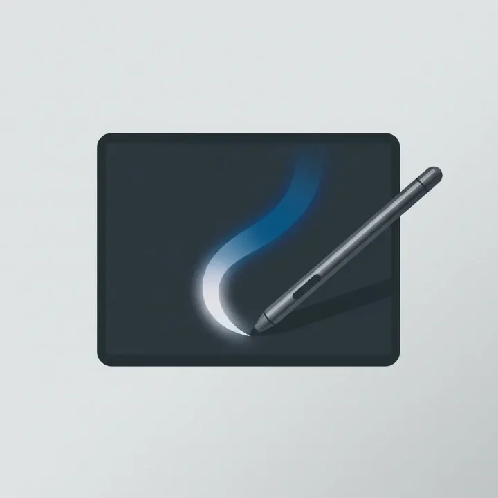 A digital stylus resting on a dark tablet surface with a soft glowing paint line.