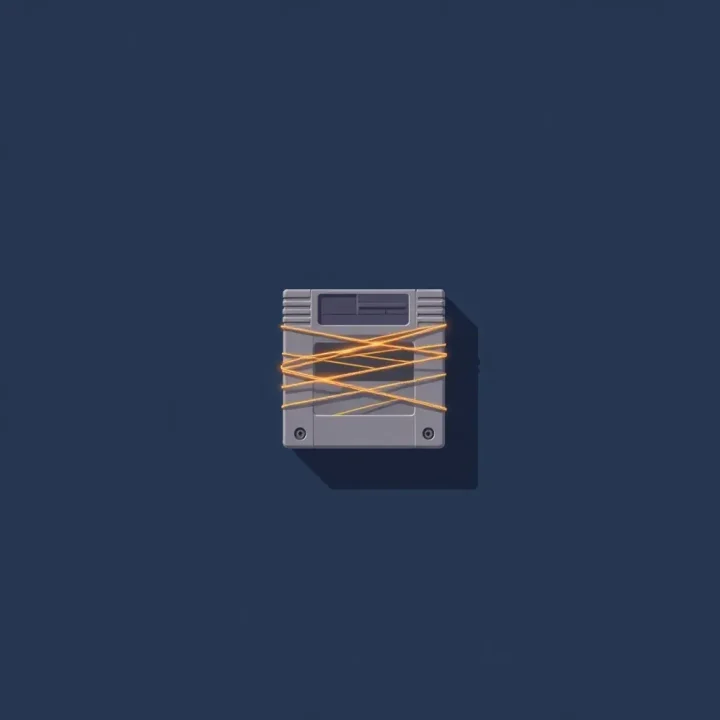 A minimalist editorial illustration showing a retro video game cartridge wrapped in luminous golden thread against a dark background.