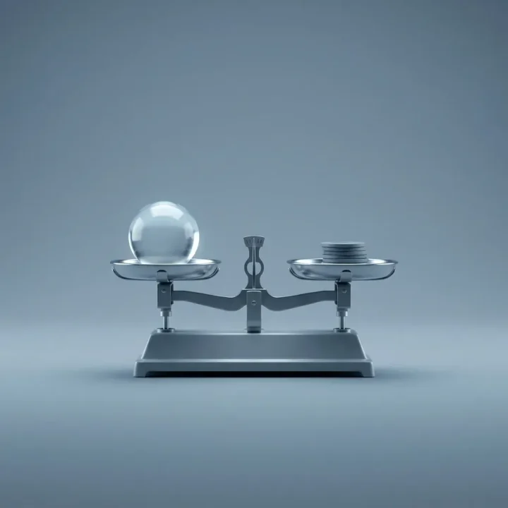 A minimalist mechanical scale balance comparing a glowing glass sphere on one side against a small stack of plastic tokens on a neutral background.