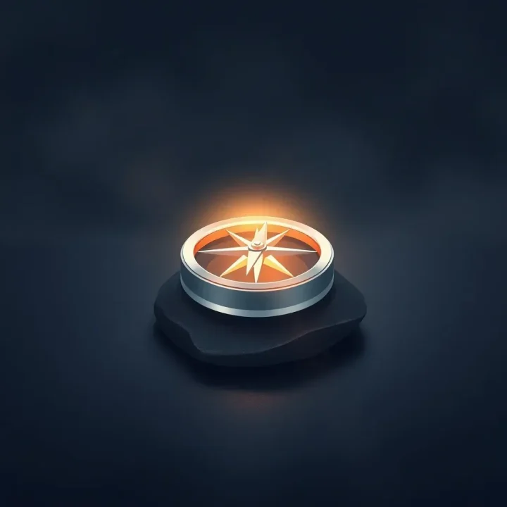 Uma bússola cristalina prateada e brilhante sobre ardósia escura com iluminação dourada suave em um fundo índigo.