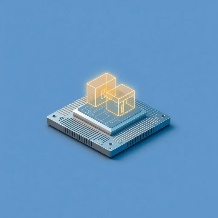 Editorial illustration featuring a luminous blueprint template aligning over a metallic chip.