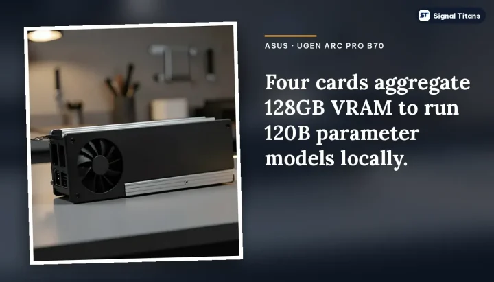 ASUS · UGen Arc Pro B70: Four cards aggregate 128GB VRAM to run 120B parameter models locally.