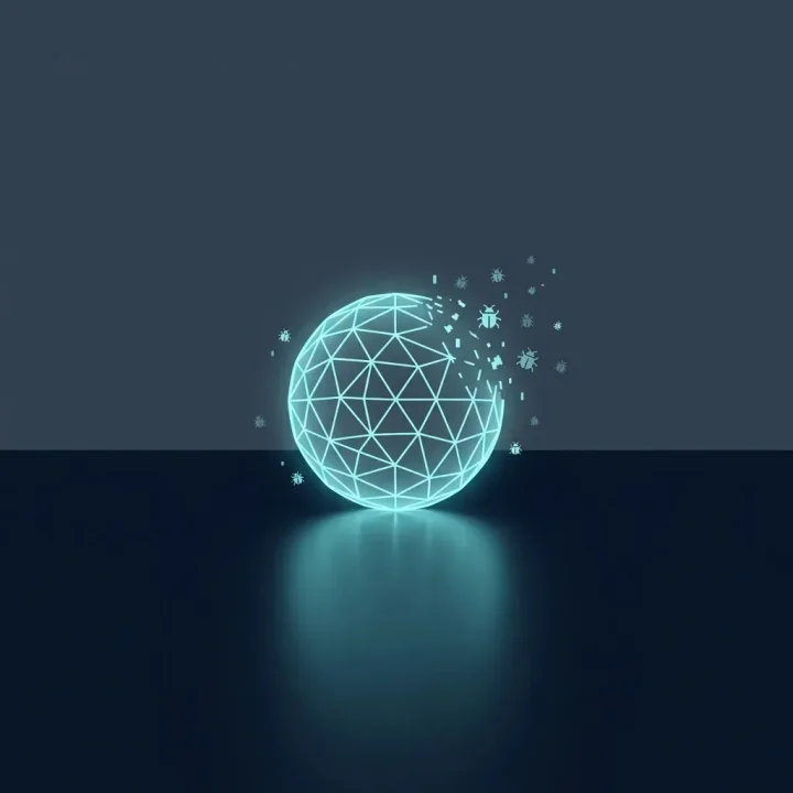 A minimalist conceptual illustration featuring a glowing geometric sphere on a dark surface with dissolving digital bugs in a dark slate setting.