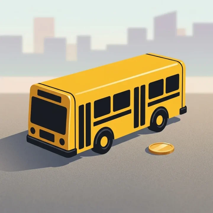 Eine redaktionelle Illustration eines gelben Spielzeugbusses, der neben einer einzelnen Goldmünze auf grauem Asphalt liegt, beschienen von warmem Sonnenlicht.