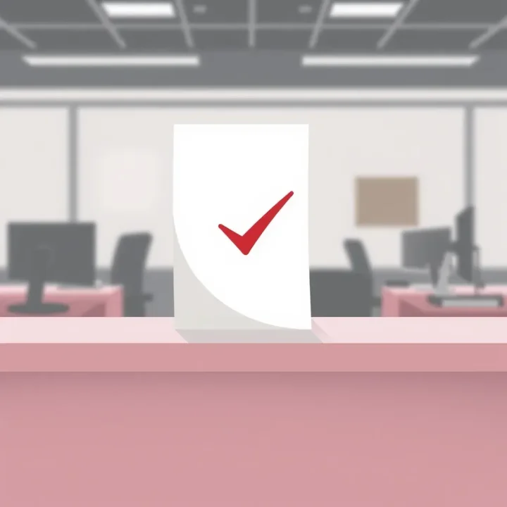 Un documento de oficina con una marca de verificación roja incorrecta que proyecta una sombra curva sobre un fondo de trabajo suavemente desenfocado.