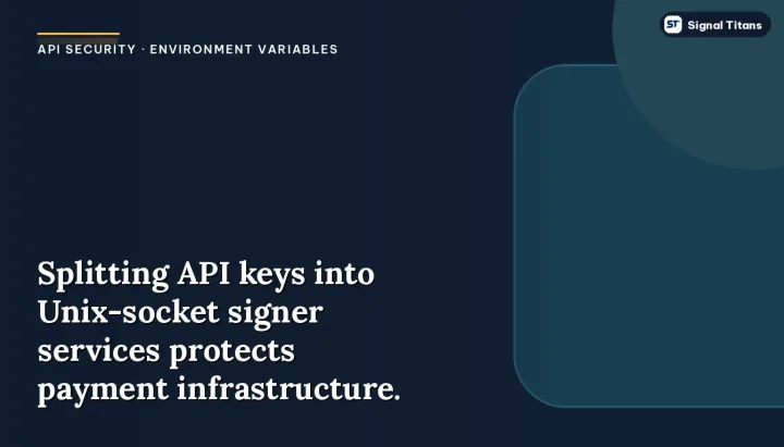 API Security · Environment Variables: Splitting API keys into Unix-socket signer services protects payment infrastructure.