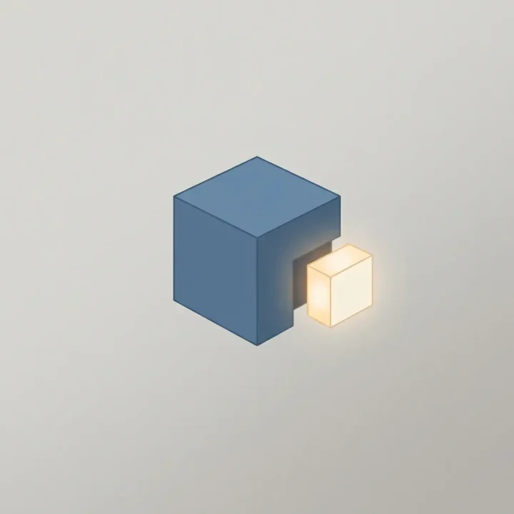 Illustration éditoriale minimaliste montrant un bloc géométrique bleu et une pièce modulaire lumineuse en lévitation s'emboîtant sur un fond gris doux.