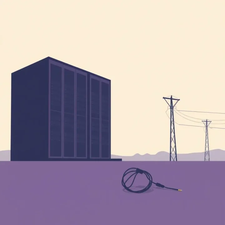 Una ilustración conceptual y minimalista de un gran edificio de centro de datos con un cable eléctrico de alta tensión desconectado en primer plano.