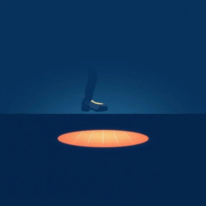 Ilustração minimalista de um pé robótico geométrico pisando em uma superfície escura enquanto projeta uma grade de luz brilhante no espaço.